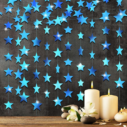 Patelai Glitter Star Garland Banner Decor 130 Feet Star Hanging Bunting Banner Twinkle Backdrop for Homecoming Classroom Wedding Birthday Halloween Christmas Party Supplies(Holographic Blue)