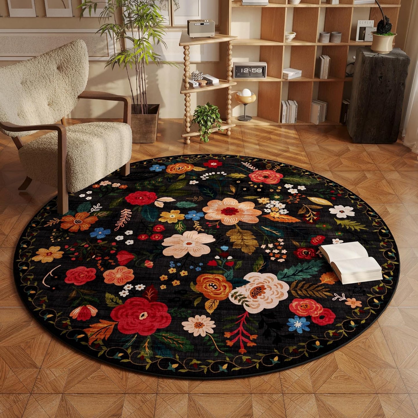 Round Rug 4ft Washable Circle Rug Non Slip Low Pile Boho Floral Small Circular Rug for Bedroom, Bathroom, Entryway, Kids Room, Office, College Dorm(Black)