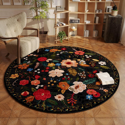Round Rug 4ft Washable Circle Rug Non Slip Low Pile Boho Floral Small Circular Rug for Bedroom, Bathroom, Entryway, Kids Room, Office, College Dorm(Black)