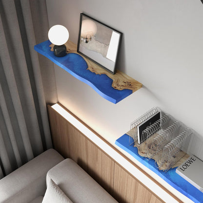 Unique Live Edge Floating Shelves for Wall - Stylish Blue Shelves for Room Wall Bedroom Bathroom Office Decor, Epoxy and Wood Wall Shelf Plank - Elegant Wall Mounted Shelves Design, (blue 16x6")