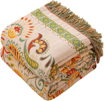 Boho Throw Blanket Twin Size, Soft Cozy Cotton Muslin Quilt Blanket for Bed Decor, Floral Patterned Couch Sofa Chair Cover, Vintage Farmhouse Cottage Tapestry Woven Blanket, Coral&Green