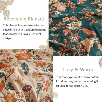 Boho Throw Blanket for Couch Sofa Bed, 100% Cotton Woven Quilt with Tassel 80”x90”, Super Soft Muslin Blanket with Floral Printed, Decorative Reversible Bed Blanket/Cover for All Seasons