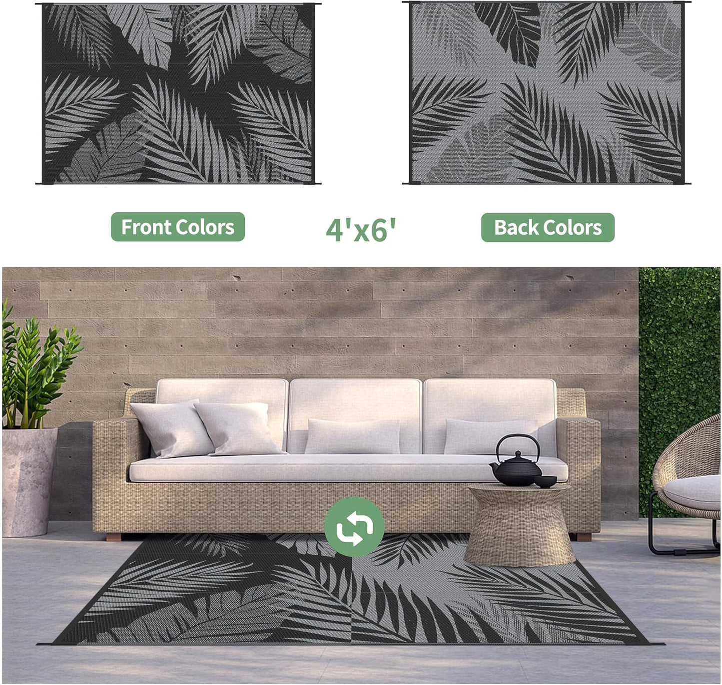 GENIMO Outdoor Rug 4' x 6' Waterproof for Patios Clearance, Reversible Outdoor Plastic Straw Camping Rug Carpet, Large Area Rugs Mats for RV, Camper, Deck, Balcony, Porch, Beach, Picnic, Black&Grey