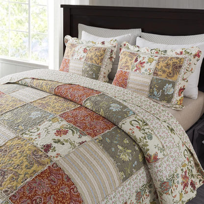 NEWLAKE Cotton Patchwork Bedspread, 3-Piece Bedding Quilt Set with Real Stitched Embroidery, Reversible Matelasse Bed Coverlet Set,Floral Paisley Grid with Lace,King Size
