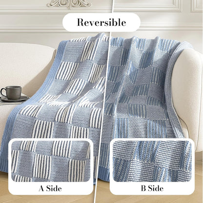 Amélie Home Chenille Knit Throw Blanket for Couch, Checkered Texture Decorative Soft Blanket for Sofa, Bed & Living Room, 50"x60", Blue & White
