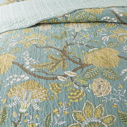 NEWLAKE Cotton Bedspread Quilt Sets-Reversible Patchwork Coverlet Set, Green Floral Pattern, Queen Size