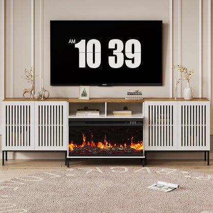3-Sided Glass Farmhouse Fireplace TV Stand for TVs Up to 100 Inch, Entertainment Center with 36" Electric Fireplace, TV Console with Storage Cabinets for Living Room, Antique White