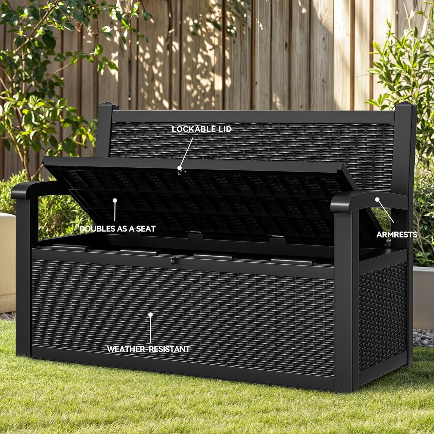YITAHOME 70 Gallon Deck Bench with Storage, Outdoor Storage Box Bench with Armrests for Patio Garden Pool Porch, Waterproof&Lockable, Black