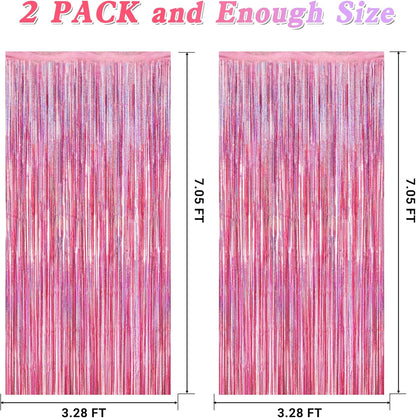 2 Pack Glitter Pink Backdrop, 3.28 FT x 7.05 FT Birthday Party Decorations, Laser Pink Fringe Curtains Foil Streamer Tinsel, Pink Curtains Photo Backdrop Happy Birthday Backdrop