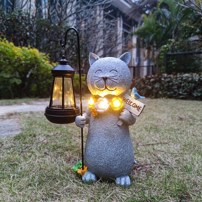 Solar Cat Garden Statues Outdoor Décor with Lantern- Cat Figurines Solar LED Light Lawn Ornaments - Yard Decorations for Patio, Balcony, Backyard -Unique House Warming Gifts for Mom