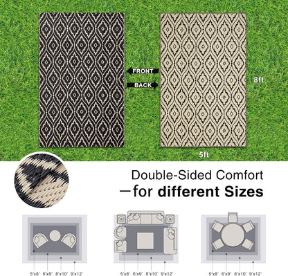 OLANLY Outdoor Rug 5x8 ft Waterproof, Outdoor Plastic Straw Rug with Geometric Pattern Clearance, Reversible RV Mat for Patio, Camping, Balcony, Deck, Backyard, Black & Beige