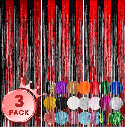 3 Pack 3.3x8.2 Feet Red and Black Foil Fringe Backdrop Curtains, Tinsel Streamers Birthday Party Decorations, Fringe Backdrop for Graduation, Casino, Red Carpet, Halloween Party