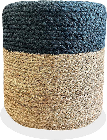 Jute Pouf Ottoman | Footrest Pouf | Hand Braided - Round Boho Pouffe - for Living Room, Bedroom, Nursery (16"x16"x16") Navy