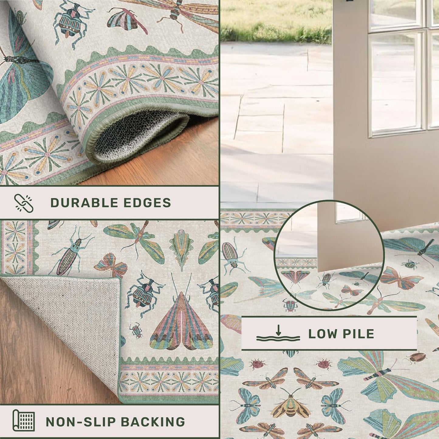 Sage Green Rugs for Bedroom Under Bed - 6x9 Area Rug for Living Room, Dining Room, Kids Playroom, Fun Insect Cute Décor,Ultra Soft Non Slip Stain Resistant