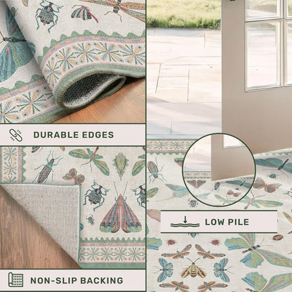 Washable Boho Bathroom Rug 2x3, Small Throw Rugs for Kitchen, Powder Room, Front Door Indoor Entrance, Non Slip Low Pile Stain Resistant, Dusty Green Colorful Cool Insect Aethestic