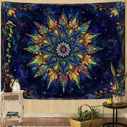 Fowocu Boho Floral Mandala Tapestry for Bedroom Aesthetic Blue Bohemian Colorful Flower Wall Tapestry Purple Hippie Indian Small Tapestries Wall Hanging for Living Room Dorm Decor 48 x 36 Inch
