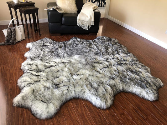 LAMBZY Faux Sheepskin Hypoallergenic Free Shape Silky Shag Rug, Luxury Shaggy Carpet for Bedrooms Rugs Living Kids Rooms Floor Rugs (Sexto 6 Pelts 6'x6', 180x180 cm, White/Black Tips)
