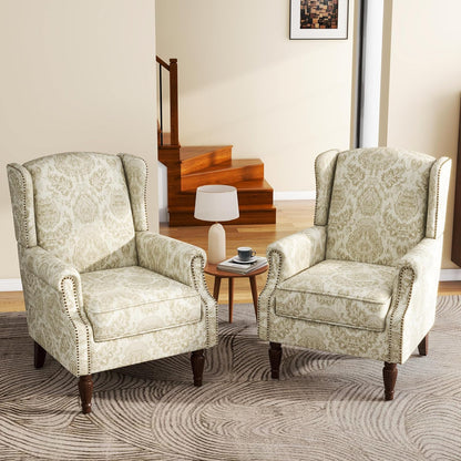 UIXE High Back Floral Accent Chairs Set of 2, Upholstered Armchair in Fabric, Retro Printed Wingback Arm Chair for Living Room, Nailhead Trim Single Sofa Bedroom Reading Seat - White