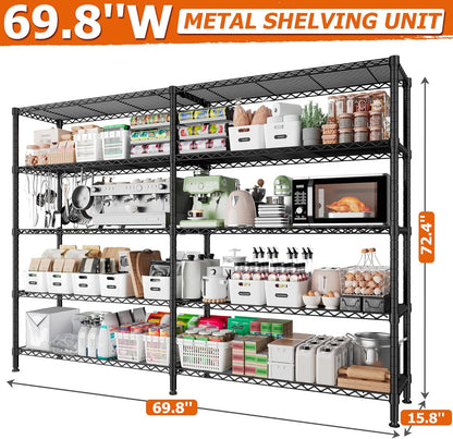 REIBII 1600LBS Storage Shelves Metal Shelving 5 Tier Wire Shelving Unit, 69.8" W Pantry Shelves Kitchen Shelves Adjustable Wire Shelf for Garage Storage Shelves, 69.8" Wx15.8 Dx72.4 H, Black