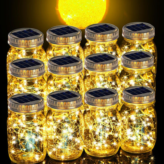 Cooo 12 Pack Solar Lanterns Outdoor Waterproof Upgraded Crystal Glass Solar Mason Jar Lights 30 LED 215% Larger SolarPanel, Anti-Rust Lid（Just a Little More,Get Double The Delight-Warm White）