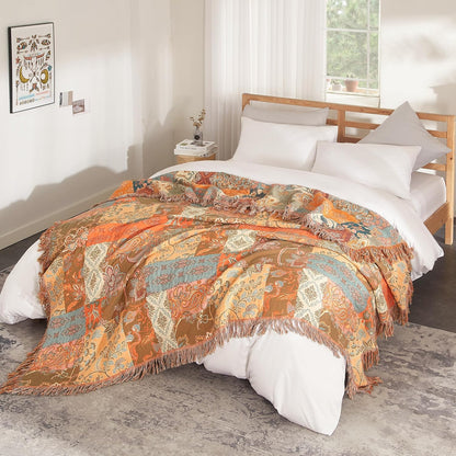 Boho Throw Blanket for Bed 80”x90”, 100% Cotton Woven Blanket for Couch Sofa, Ultra Soft 4-Layer Muslin Quilt with Patchwork Floral Printed, Farmhouse Bed Blanket/Cover for Living Room Decor