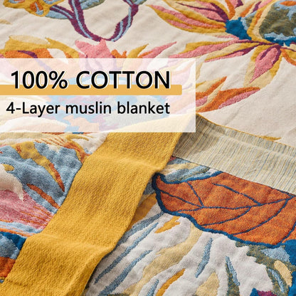 Boho Throw Blanket for Bed, Lightweight Reversible Quilt, Fall Cotton Blanket, Queen Size Boho Floral Bird Colorful Retro Quilt Ultra Soft Reversible Gauze Blanket for All Season, 80"x90"