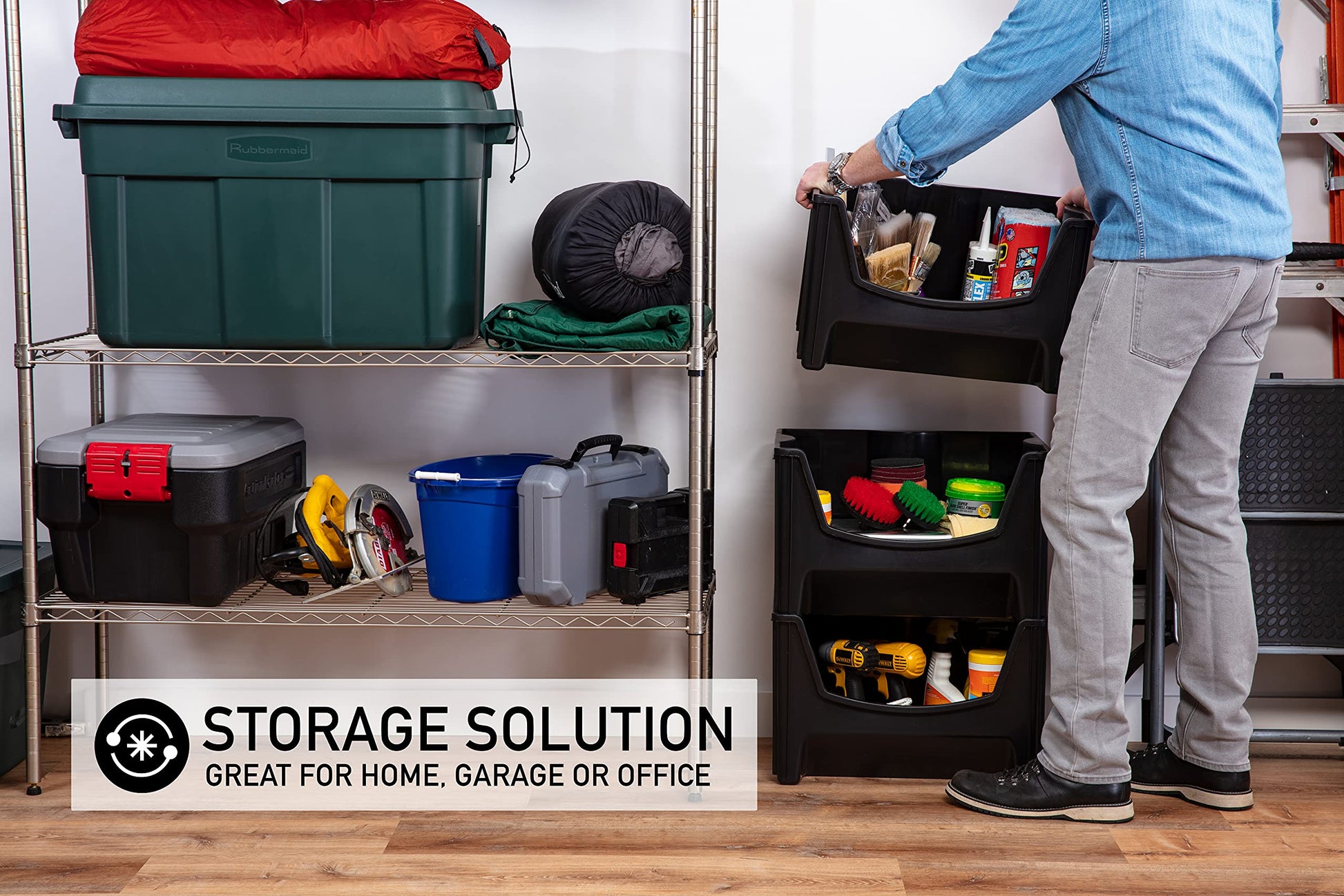 Mighty Tuff Jumbo Stackable Storage Bins, Pack of 3, Easy-Access Storage, Large Easy-to-Grip