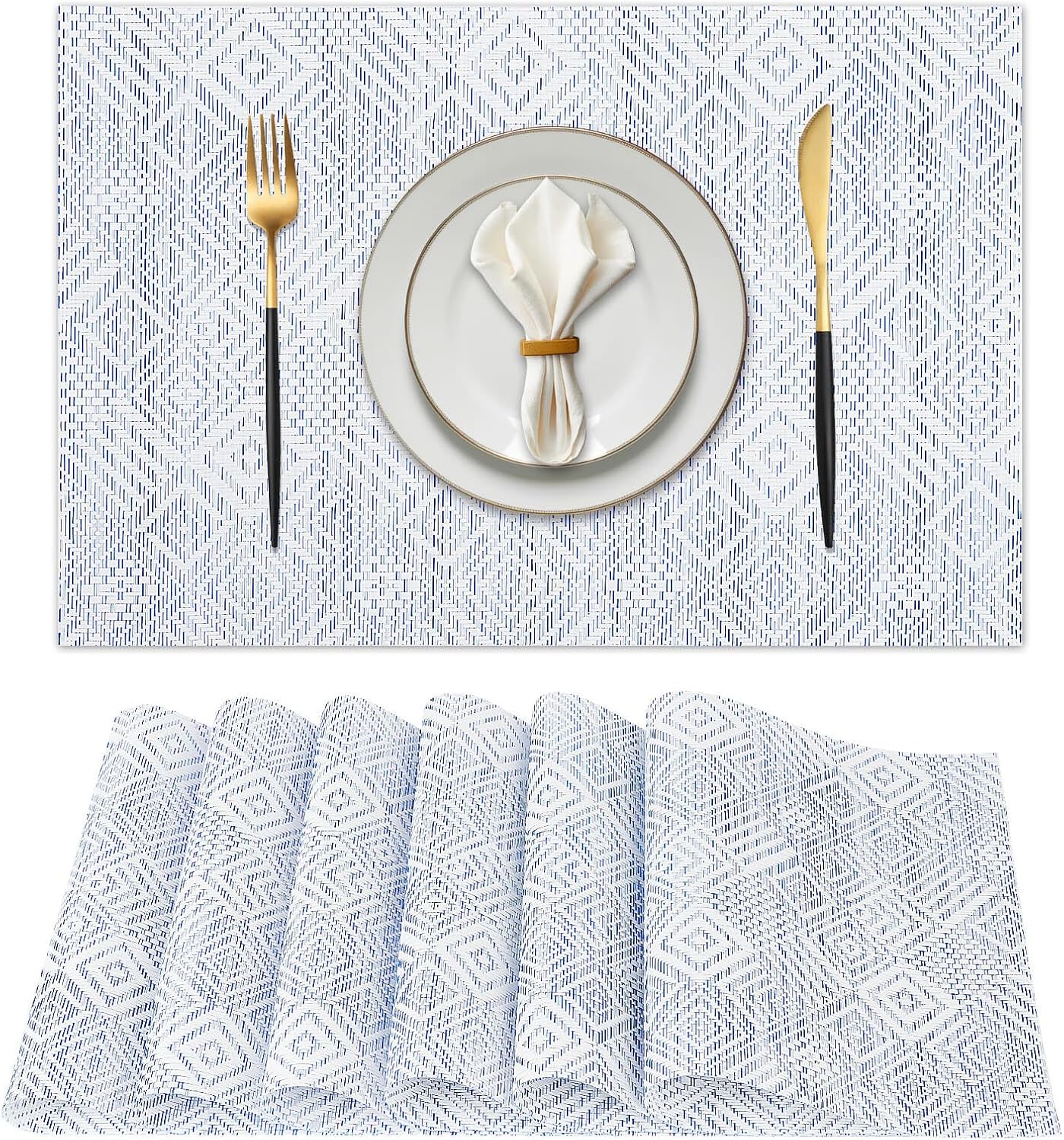 Vinyl Plastic Placemats Set of 6 Washable Heat Resistant Non-Slip Elegant Indoor Outdoor Kitchen Dining PVC Woven Table Place Mats (Blue Squares)