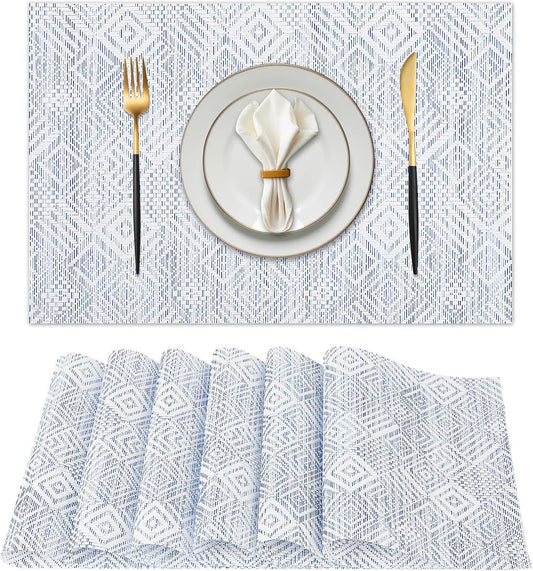 Vinyl Plastic Placemats Set of 6 Washable Heat Resistant Non-Slip Elegant Indoor Outdoor Kitchen Dining PVC Woven Table Place Mats (Blue Squares)