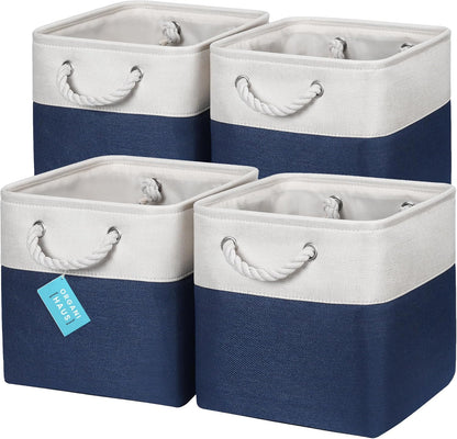OrganiHaus 11x11 Cube Storage Bins 4 Pack, Foldable Cube Storage Organizer w/ Rope Handles, Collapsible Fabric Bins for Toys, Clothes & Closet Organization, Fabric Square Baskets - Navy Blue