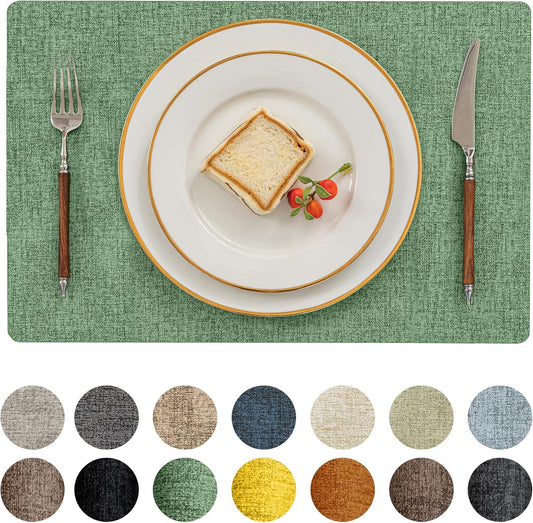 Romanstile Vinyl Placemats Set of 4-12 X 18 Inch - Heat Resistant Place Mats 100% Waterproof Oilproof Wipeable Reversible Faux Leather Table Mats for Kitchen/Dining/Party/Outdoor, Dark Green