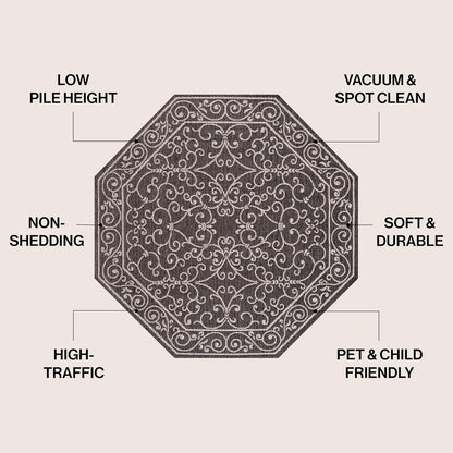 JONATHAN Y Vintage Filigree Indoor Outdoor Octagon Area Rug 5 Ft Black/Gray, Charleston Textured Weave for Backyard, Patio, Porch, Easy-Cleaning, High Traffic, Pet-Friendly, Non-Shedding SMB106G-5TGN