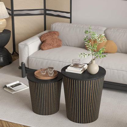 Nesting Coffee Table Set of 2, Round End Table with Storage, Farmhouse Side Table with Removable Wood Tops and Wood Basket Bases for Blanket Storage, Modern Coffee Table for Living Room (Black)