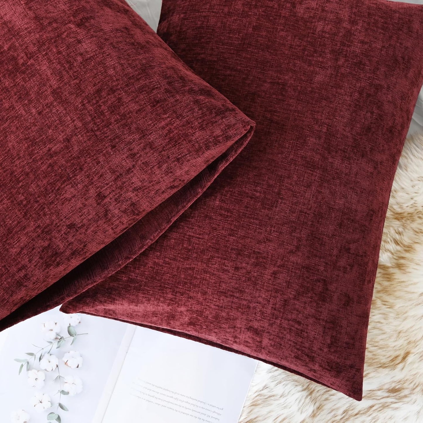 CaliTime Throw Pillow Covers Decorative 20 X 26 Inches Pack of 2 Cozy Chenille Standard Pillow Shams Cases for Couch Sofa Bed Living Room Home Burgundy