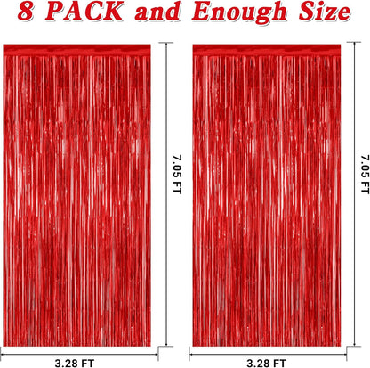 8 Pack Red Backdrop, 3.28 FT x 7.05 FT Streamer Party Decorations, Metallic Foil Fringe Curtains Party Streamer Photo Booth Backdrop, Red Tinsel Canival Theme Party Decor for Engagement Birthday
