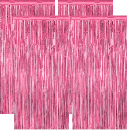4 Pack Birthday Decorations, 3.28 FT x 7.05 FT Pink Backdrop, Metallic Happy Birthday Backdrop Fringe Curtains Party Streamer, Bachelorette Party Decorations Princes Birthday Party Decor