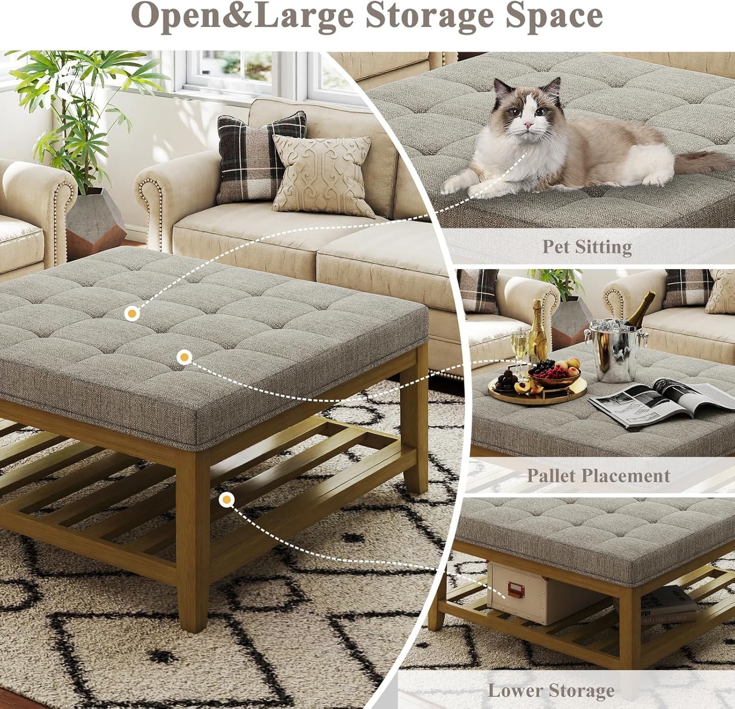 Large Square Ottoman Coffee Table, Linen Solid Upholstered Footrest Ottoman with Solid Wood Shelf Storage Tufted Coffee Table for Bedroom Living Room, Linen