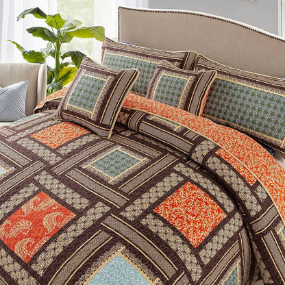 NEWLAKE Cotton Patchwork Bedspread, 3-Piece Bedding Quilt Set with Real Stitched Embroidery, Reversible Matelasse Bed Coverlet Set,Bohemian Farmhouse,Queen Size