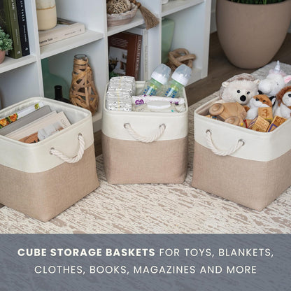 OrganiHaus 12x12 Cube Storage Bins 4 Pack, Foldable Cube Storage Organizer w/ Rope Handles, Collapsible Fabric Bins for Toys, Clothes & Closet Organization, Fabric Square Baskets - Beige/White