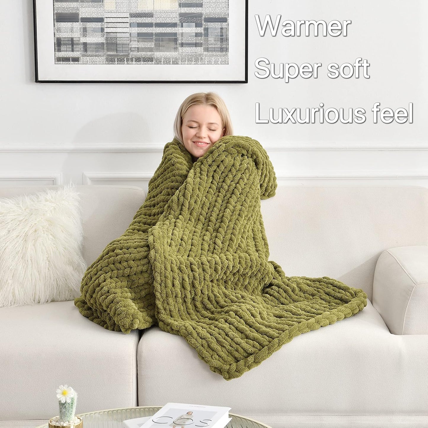 Maetoow Tighter Version Chenille Chunky Knit Blanket Throw 50×60 Inch, Handmade Warm & Cozy Blanket Couch, Bed, Home Decor, Soft Fleece Banket, Boho Thick Blankets and Giant Yarn Throws，Olive Green