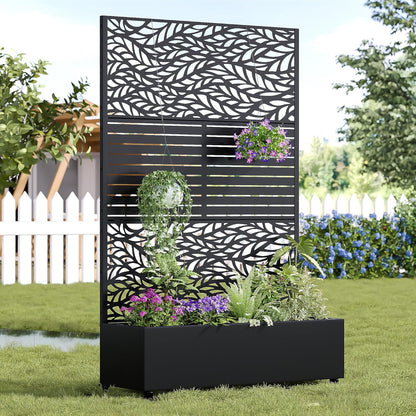 Casaphoria Metal Raised Garden Bed with Trellis and Wheels, 72"x47"x16" Planter Box for Climbing Plants, Vegetables & Vines, Features Drainage Holes and Privacy Screen, Black(Spring&Louvered)