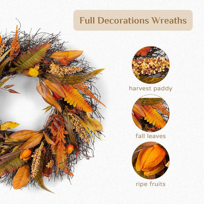 Fall Wreath for Thanksgiving Decorations 24inch - Walasis Large Wheat Wreaths for Front Door - Harvest Grain Gold Autumn Wall Decor for Indoor Outdoor