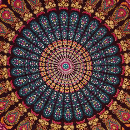 Bless International Handmade Indian hippie Bohemian Psychedelic Peacock Mandala Wall hanging College Dorm Beach Throws Table Cloth Bedding Tapestry (Golden Pink Blue, King(88x104Inches)(225x265Cms))