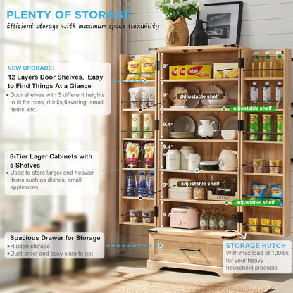 72" Tall Rattan Kitchen Pantry Cabinet with Drawer, Boho Storage Cabinet with 2 Rattan Doors and Shelves, Versatile Large Cabinet for Dining Room, Bathroom, Living Room, Laudry, Natural Oak
