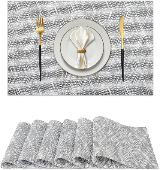 Vinyl Plastic Placemats Set of 6 Washable Heat Resistant Non-Slip Elegant Indoor Outdoor Kitchen Dining PVC Woven Table Place Mats (Grey Rhombus)