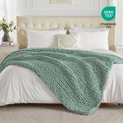 Carriediosa Chunky Knit Throw Blanket 50" X 60", 100% Hand Made Large Chenille Loop Yarn Soft Fluffy Throws for Couch Sofa Bed, Big Crochet Cozy Heavy Thick Cable Woven Blanket, Sage Green