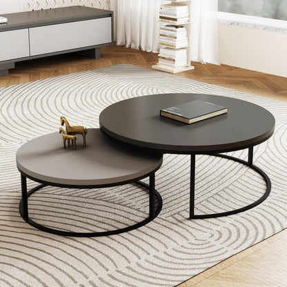 Modern Round Coffee Table Set, Nesting Cocktail Tables with Black Metal Legs, Dark Gray/Light Gray, Easy Assembly, 31.5/23.7 Inches, Perfect for Living Room, Bedroom, or Lounge