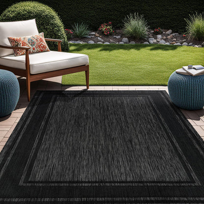Beverly Rug Large Outdoor Rug 10x14 Modern Bordered Area Rugs for Indoor and Outdoor Patio Deck Porch Garden Waterproof Weather Sun Resistant Washable Outside Carpet (10 x 14 Black)