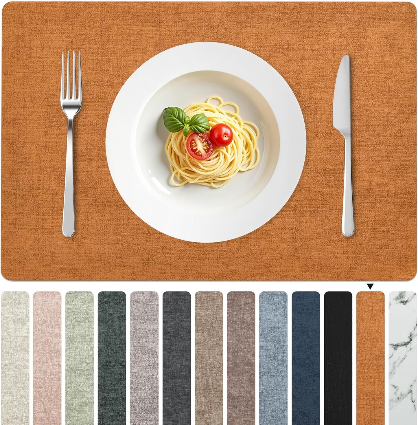 FROMHEART Faux Leather Placemats Set of 6–Waterproof,Heat/Oil Stain-Resistant PU Table Mat–Reversible,Non-Slip,Easy to Clean Place Mats for Kitchen,Dining,Indoor/Outdoor,(Orange-Grey,11.8" x 17")