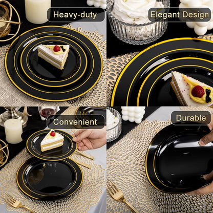 350 Pieces Black and Gold Plastic Plates with Disposable Silverware, Include 50 Dinner Plates 9”, 50 Dessert Plates 6.3”, 50 Black Cups 9 OZ, 50 Pre Rolled Napkins for Halloween new year